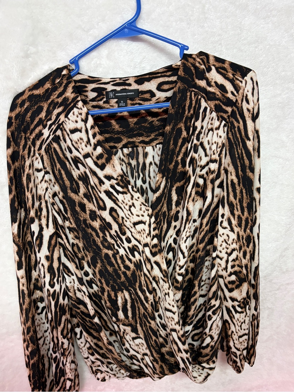 INC International Concepts Brown Black Animal Print Wrap Blouse